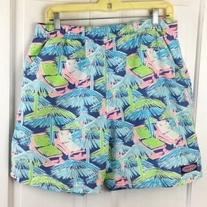 Vineyard Vines Men’s Navy Blue Swim Trunks with Lime Green & Pink Tropical Print